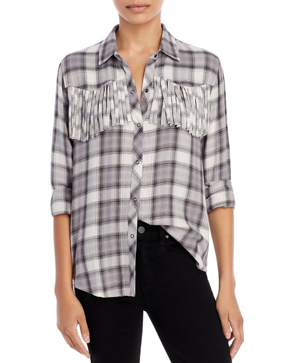 Rails Dolly Plaid Fringe Snap-Front Top Ivory Shadow Size Medium